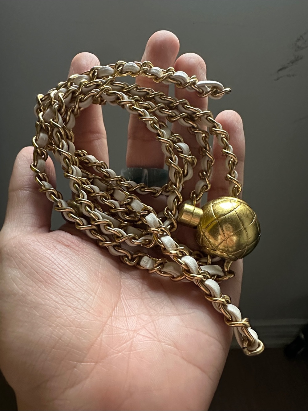 Gold Chain Necklace with White Leather Weave and Decorative Gold Sphere